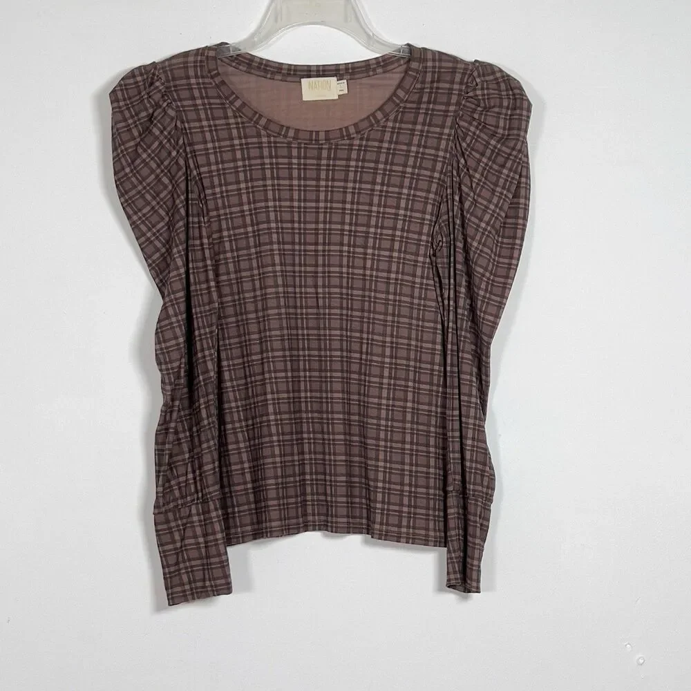 Nation Ltd Long Sleeve Top Sz L Plaid Brown 100% Pima Cotton MInimalist - Picture 4 of 12